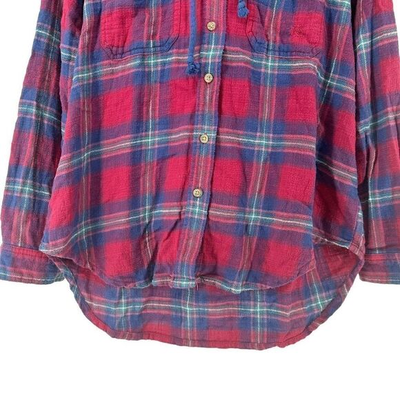 American Eagle Oversized Hooded Flannel Size S Red Blue Plaid Distressed Grunge - Picture 4 of 11